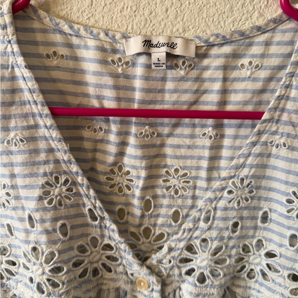 Madewell Blue and White Striped Eyelet Yoke Button Front Top - Picture 4 of 6
